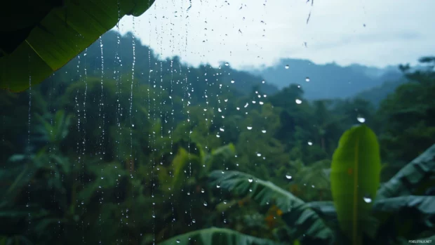 Raindrops trickling down a clear glass window with a blurred view of a lush green forest in the background.