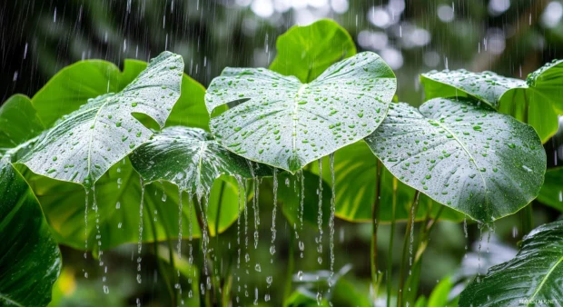 Rainfall in a tropical rainforest with dense green foliage, water cascading off large tropical leaves, dewdrops clinging to vines.