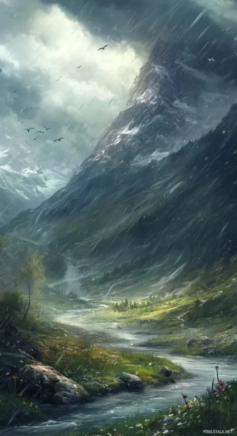 Rainstorm over a scenic mountain valley, foggy clouds hovering between mountain peaks, rain soaked landscape with lush greenery.