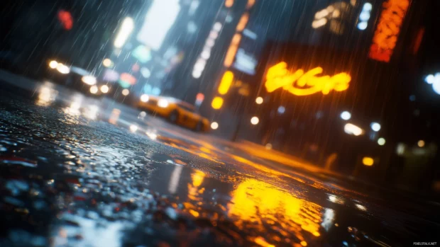 Rainy city street at night with glowing neon signs reflecting on the wet pavement, car headlights creating shimmering streaks of light.