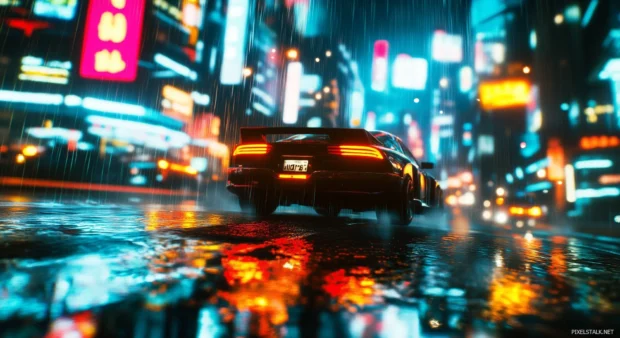 Rainy city street at night with glowing neon signs reflecting on the wet pavement, car headlights creating shimmering streaks of light, soft bokeh effect in the background.