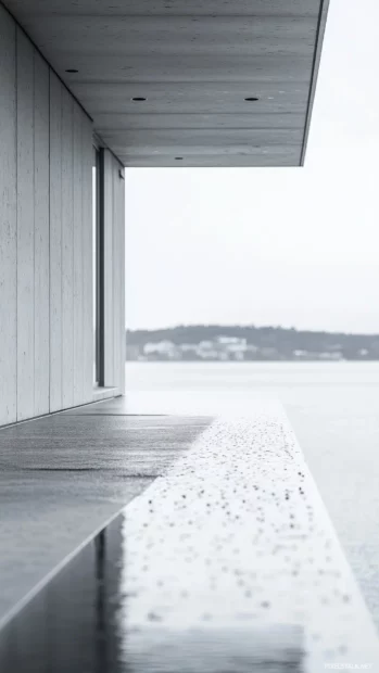 Rainy day on a minimalist balcony, water pooling on a sleek modern concrete surface, cool gray tones with reflections of the overcast sky.