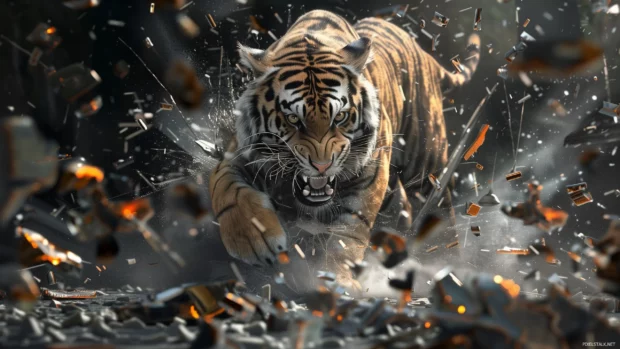 Really Cool tiger wallpaper with broken metal parts, surrounded flying fragments of the same material, in an aggressive and dynamic pose.