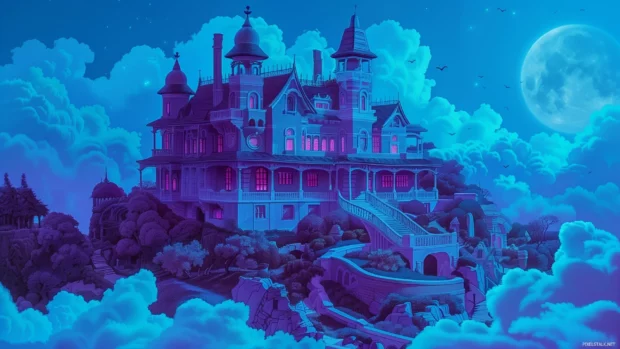 Really cool toned haunted mansion with wispy fog and moonlight.