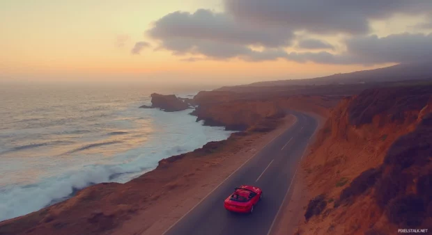 Red BMW Z4 convertible speeding along a coastal highway with the ocean waves crashing against the cliffs under a sunset sky.