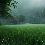 Soft rain falling over a lush green rice field, misty atmosphere.