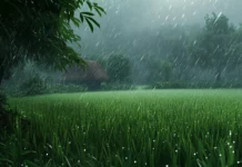 Soft rain falling over a lush green rice field, misty atmosphere.