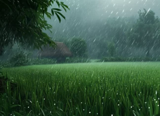 Soft rain falling over a lush green rice field, misty atmosphere.