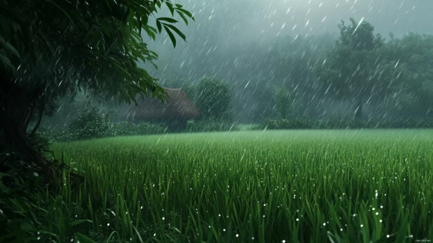 Soft rain falling over a lush green rice field, misty atmosphere.