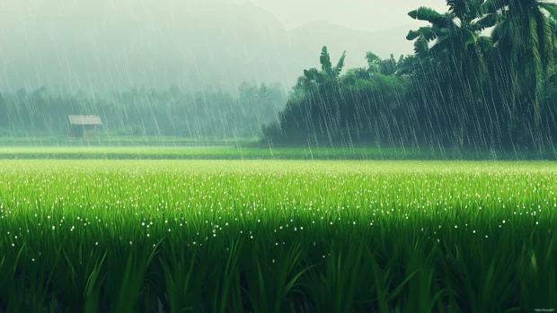 Soft rain falling over a lush green rice field, misty atmosphere with a gentle breeze, rain droplets on leaves and blades of grass.