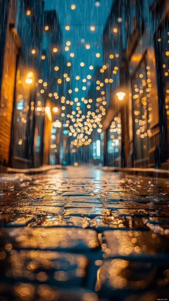 Soft rain on a cobblestone street at night, streetlights glowing with a golden halo effect, water reflections.