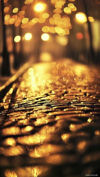 Soft rain on a cobblestone street at night, streetlights glowing with a golden halo effect, water reflections creating a magical bokeh effect, cozy and nostalgic night time aesthetic.