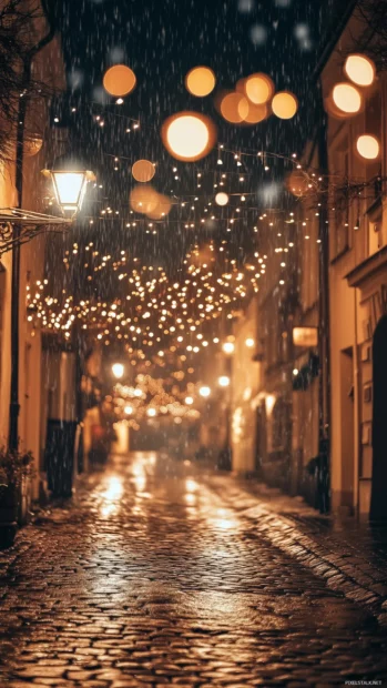 Soft rain on a cobblestone street at night, streetlights glowing with a golden halo effect, water reflections creating a magical bokeh effect, cozy and nostalgic night time aesthetic.