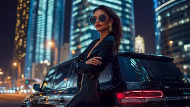 Stylish woman in chic fashion standing by a luxury SUV in front of a glass skyscraper, reflecting the city’s lights and creating a sophisticated urban vibe .