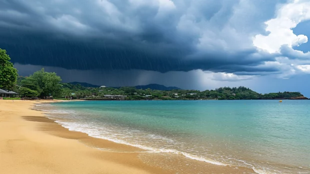 Tropical rainstorm over a beach with dramatic gray clouds, raindrops hitting the surface of the calm ocean.