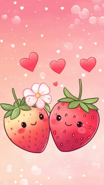 Two kawaii strawberries in love, one holding a flower and the other blushing with cute cartoon hearts floating around them.