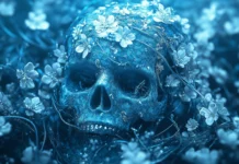 Very Cool Wallpaper HD with a gothic blue skull with icy vines and frost covered flowers wrapped around it.