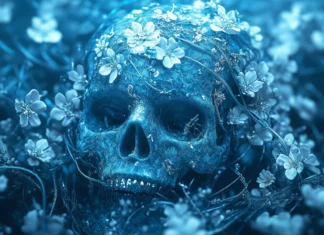 Very Cool Wallpaper HD with a gothic blue skull with icy vines and frost covered flowers wrapped around it.