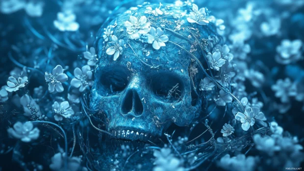 Very Cool Wallpaper HD with a gothic blue skull with icy vines and frost covered flowers wrapped around it.