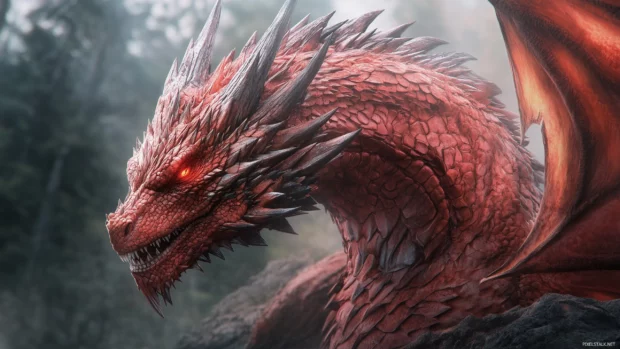 Vibrant red dragon with intricate scale patterns, gazing fiercely into the distance, surrounded by a misty forest.