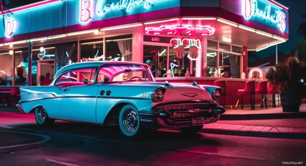 Vintage nice car in front of a retro diner with neon signs.