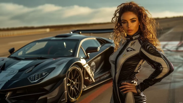 Woman in a racing suit posing next to a high performance sports car on a track, with dramatic lighting emphasizing speed and power.