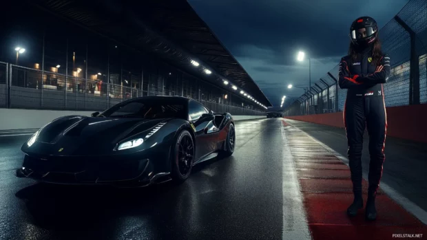 Woman in a racing suit posing next to a high performance sports car on a track, with dramatic lighting emphasizing speed and power.