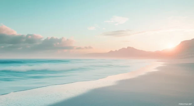 A 3D PC background of a beach at sunrise.