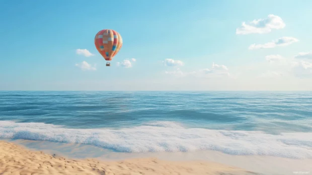 A 3D beach scene with a hot air balloon flying overhead desktop wallpaper.