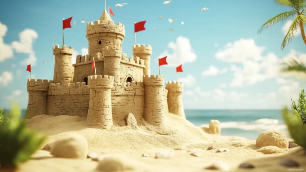 A 3D beach wallpaper with a giant sandcastle.