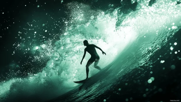 A 3D dark wallpaper of a surfer riding a massive wave.