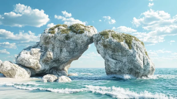 A 3D digital artwork of a beach with a giant rock formation in the ocean.