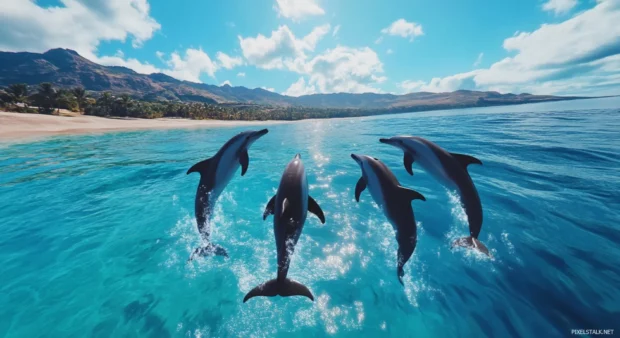 A 3D digital artwork of a group of dolphins swimming and jumping in the ocean.