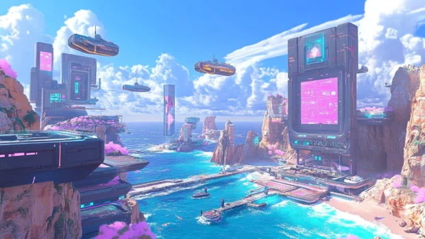 A 3D digital wallpaper of a futuristic beach city.