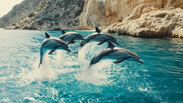 A 3D digital wallpaper of a group of dolphins swimming and jumping in the ocean near a beach.