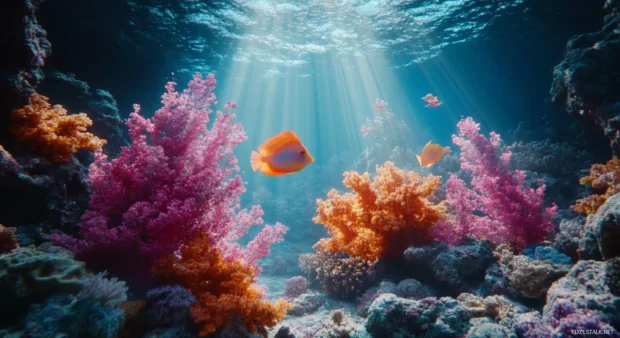 A 3D effect wallpaper of an underwater scene with sunlight filtering through the water.