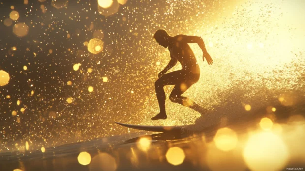 A 3D high definition illustration of a surfer catching a wave at sunrise.