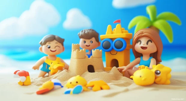 A 3D illustration of a family building a sandcastle on a beach.