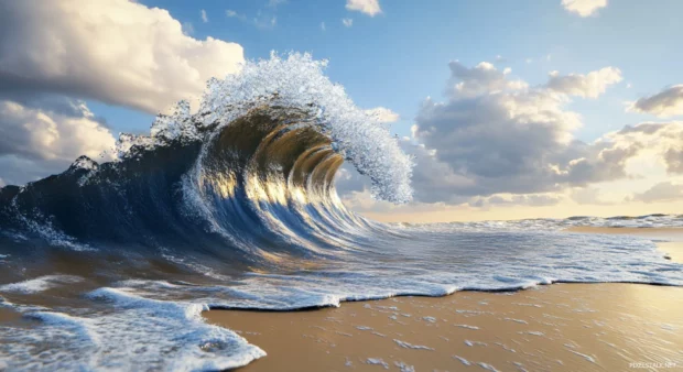 A 3D illustration of a giant wave curling and crashing on a beach.