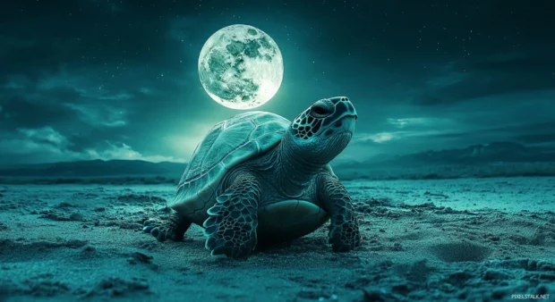 A 3D illustration of a sea turtle hatching from its egg on a beach at night wallpaper.