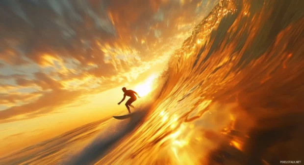 A 3D illustration of a surfer catching a wave at sunrise.