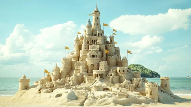 A 3D image of a giant sandcastle on a beach for PC background.