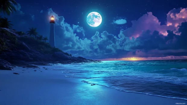 A 3D render of a beach at night with a lighthouse in the background.