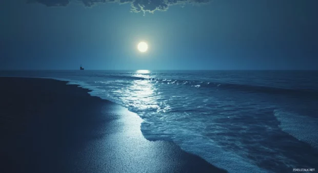 A 3D render of a beach at night with a lighthouse in the background.