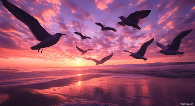 A 3D render of a beach at sunset with a group of seagulls flying overhead.