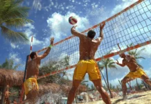 A 3D render of a beach volleyball game in progress.