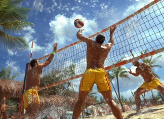 A 3D render of a beach volleyball game in progress.