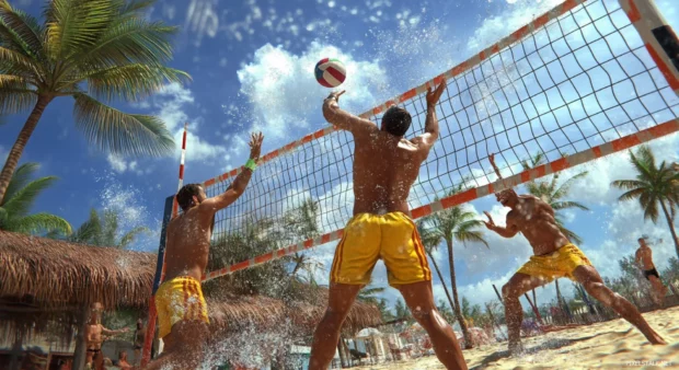 A 3D render of a beach volleyball game in progress.