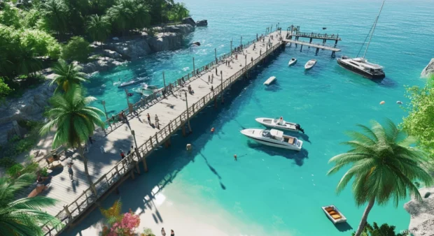 A 3D render of a beach with a pier extending into the ocean.