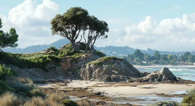 A 3D render of a beach with a sandbar visible at low tide.